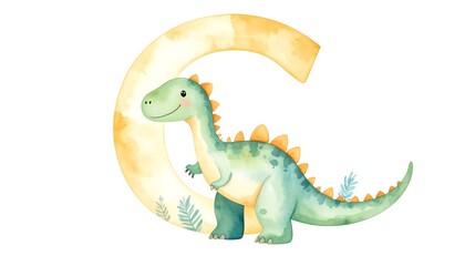 Naklejka premium Cute dinosaur inside a letter C, watercolor style