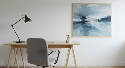 Bright interior showcases light wood desk and blue abstract art. Ideal for interior design, office staging, or minimalist web banners.