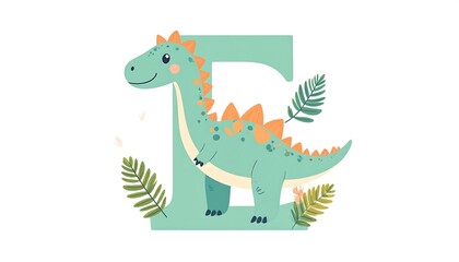 Fototapeta premium Cute dinosaur inside letter E, surrounded by foliage