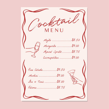 Cocktail menu with price list and hand holding drinks. Vector illustration cocktail menu for restaurant, bar or party.