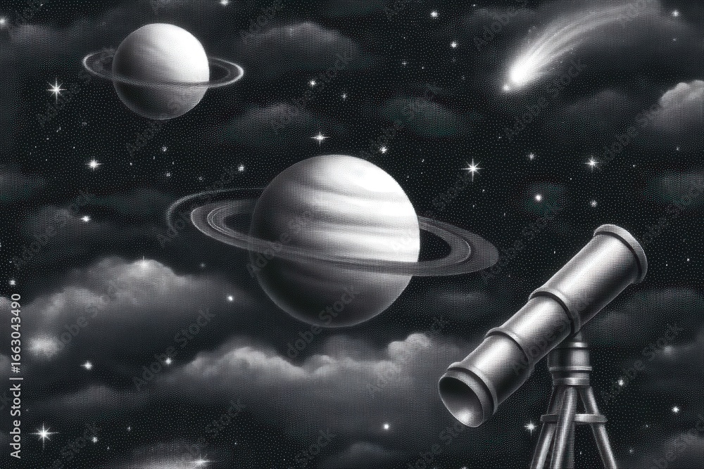 Poster captivating celestial scene showcasing distant planets surrounded by ethereal clouds illuminated by 