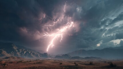 lightning strike across storm clouds over city skyline at night time view