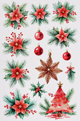 Watercolor Christmas Elements with Poinsettia and Ornaments