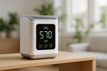 A compact CO2 air monitor sits on a wooden desk indoors, displaying carbon dioxide levels to promote awareness of indoor air quality.