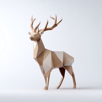 Elegant Low Poly Paper Deer Sculpture Standing Against White Background Perfect for Christmas or Nature Themes