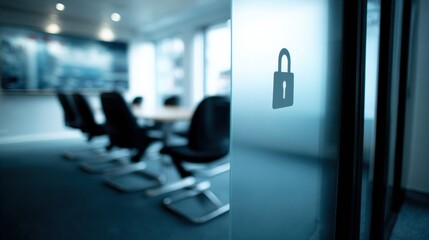 Modern cybersecurity briefing room featuring frosted glass door with lock icon, symbolizing security and privacy. room is designed for confidential discussions, with sleek and professional