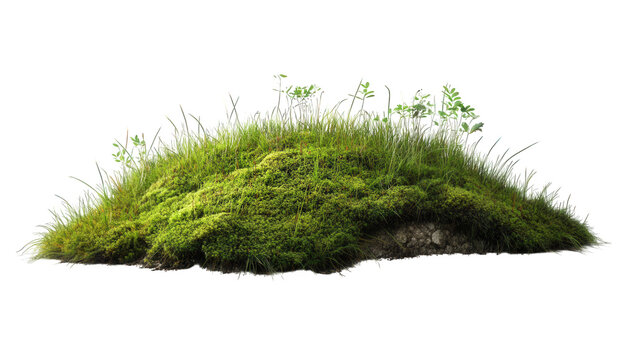 Small green mossy hill with grass and sprouts isolated on transparent background