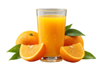Freshly squeezed orange juice in a tall glass surrounded by ripe oranges and slices isolated on transparent background