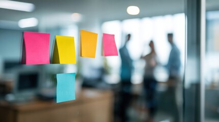 Colorful sticky notes on glass board in office setting, with blurred colleagues discussing in background, creating collaborative atmosphere