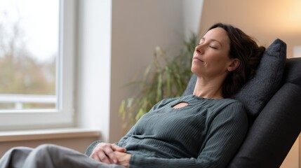 Woman resting on chaise lounge, eyes closed, enjoying moment of tranquility and relaxation in cozy indoor setting. Soft natural light filters through window, enhancing peaceful atmosphere