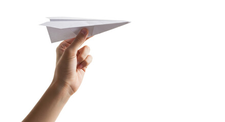 Hand holding paper airplane png isolated on transparent background