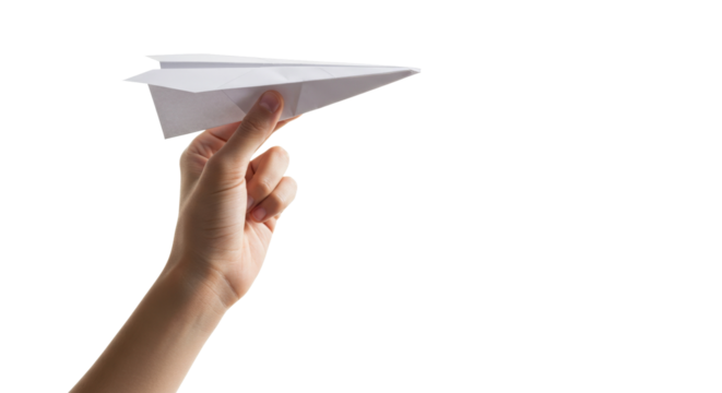 Hand holding paper airplane png isolated on transparent background