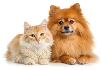 Obraz premium orange cat and spitz dog together. looking at camera. isolated