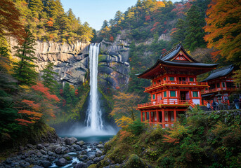 A breathtaking autumn scene featuring Nachi Falls, Japan's tallest single-drop waterfall, alongside the vibrant red pagodas of Seiganto-ji Temple. 