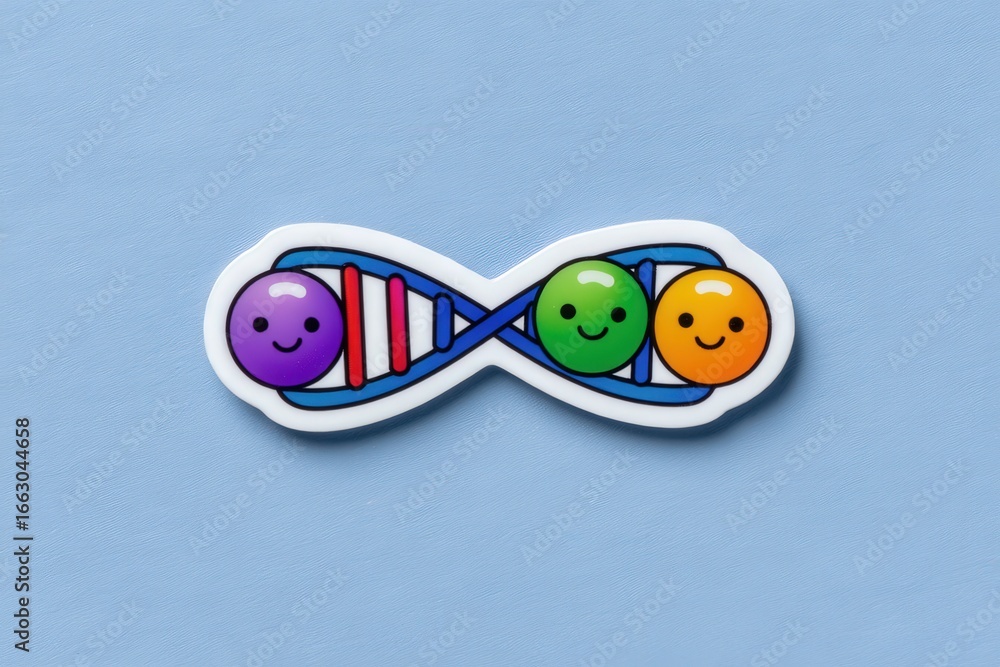 Poster playful representation of an infinity symbol combining colorful smiling cells with a blue background