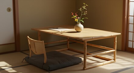 Warm wood table and seat evoke minimal aesthetic; styled surface reflects natural light. Ideal for branding, posters, product presentation.