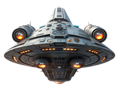 Futuristic Spaceship with Glowing Orange Engines and Blue Lights spacecraft alien isolated on a transparent background