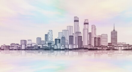 Obraz premium A Colorful Sketch of a Modern City Skyline Reflected in Water