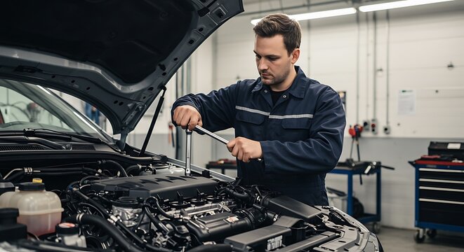 Auto Mechanic Working on Car Engine Repair