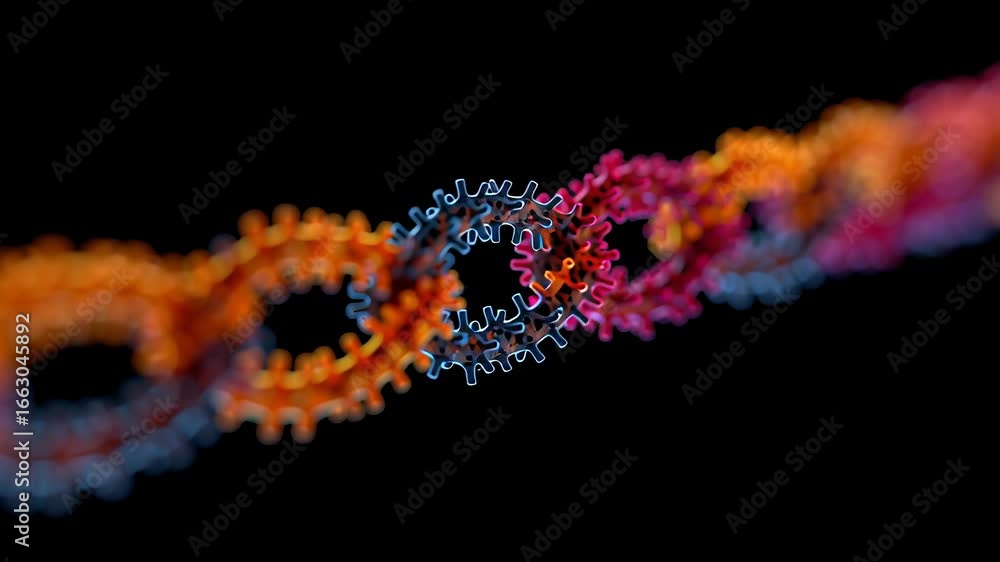 Poster visualization of coronavirus structure highlighting spikes and cellular interaction in a colorful 3d