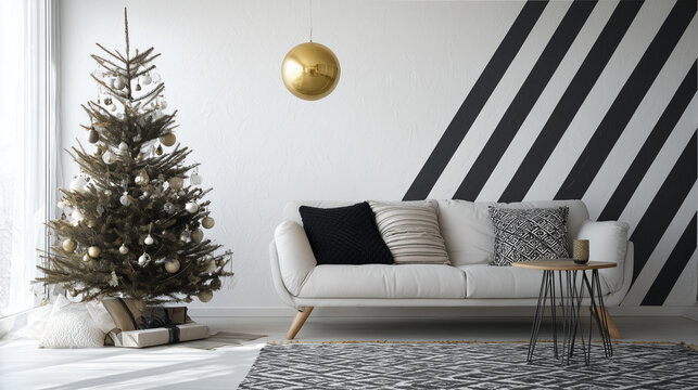 black and white themed modern Christmas living room