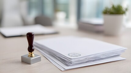 Close-up of official business documents with stamps and signatures on a bright desk