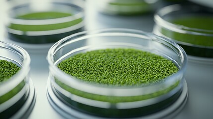 Macro detail of algae biomass suspended in photobioreactor nutrient solution, highlighting cell growth, biofuel conversion process, and potential for sustainable energy production