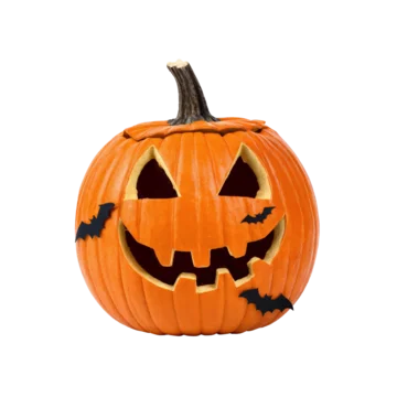 Happy Halloween Pumpkin Carving with Flying Bats and Smile on transparent background