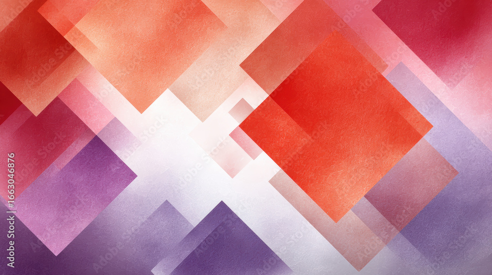 Poster abstract geometric background with overlapping squares in shades of red, orange, and purple with a t