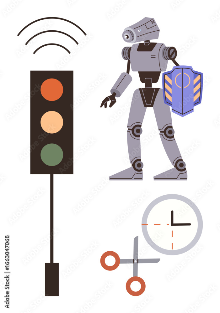 Poster robot holding shield, traffic light signals, scissors and clock target with radar waves. ideal for i
