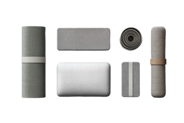 Modern yoga mat and accessories set for wellness and relaxation in neutral color palette on transparent background