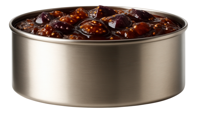 Mini-blinchik folded into a triangle on a wooden cutting board, with a side of caramel sauce in a small cup.