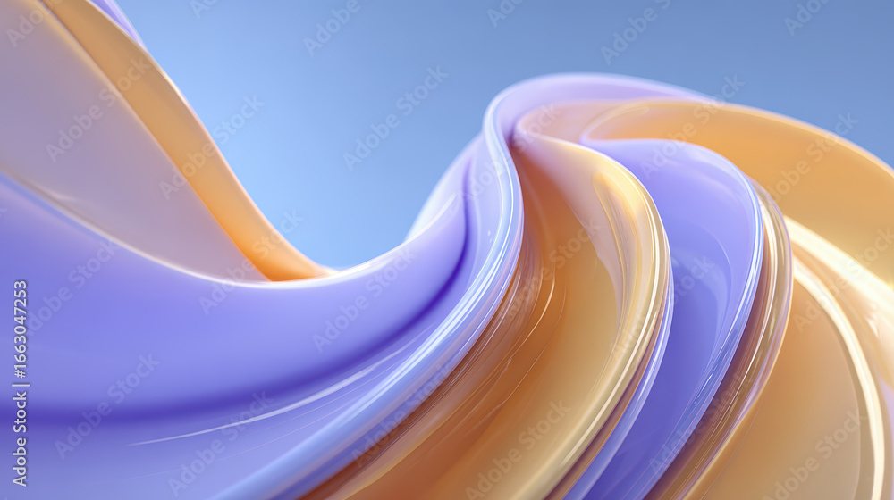 Poster abstract 3d rendered background with swirling shapes in lilac and gold tones against a soft blue sky