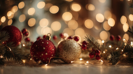 Red and gold Christmas ornaments with pine and lights on table  