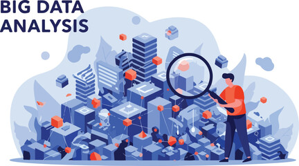 Obraz premium Big Data Analysis Vector with City Buildings and Magnifying Glass