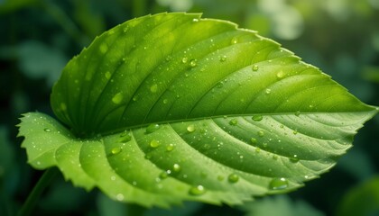 Close-Up of Vibrant Green Leaf with Dew Drops | Fresh Nature Photography, Botanical Detail, Eco Beauty, Natural Hydration, Garden Aesthetic, Lush Foliage, Soft Light, Environmental Serenity