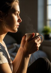 Young woman enjoys warm morning coffee, steam rising in soft golden sunlight, peaceful moment