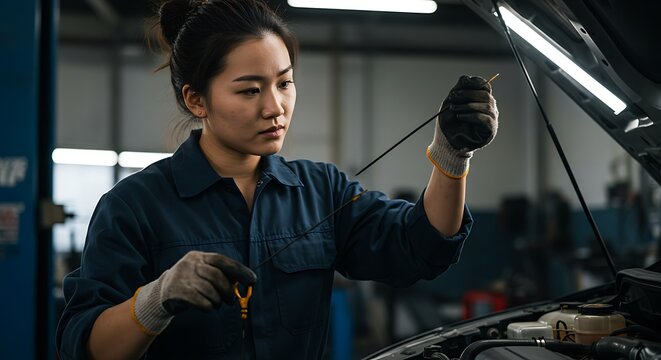 Automotive Technician Inspecting Engine Oil Level
