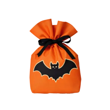 Retro Halloween candy sack decorated with bat motif on transparent background