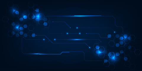 Vector illustration of abstract futuristic background with hi tech circuit patterns and hexagonal geometry network.
