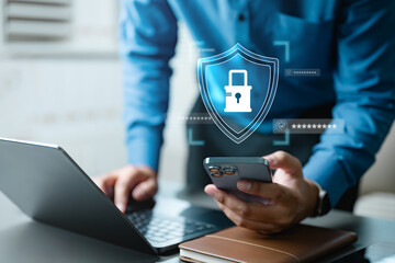 Cybersecurity crime firewall. Cyber security threat privacy protection. Password key identity internet data. Shield protection encryption safety lock. Security system.