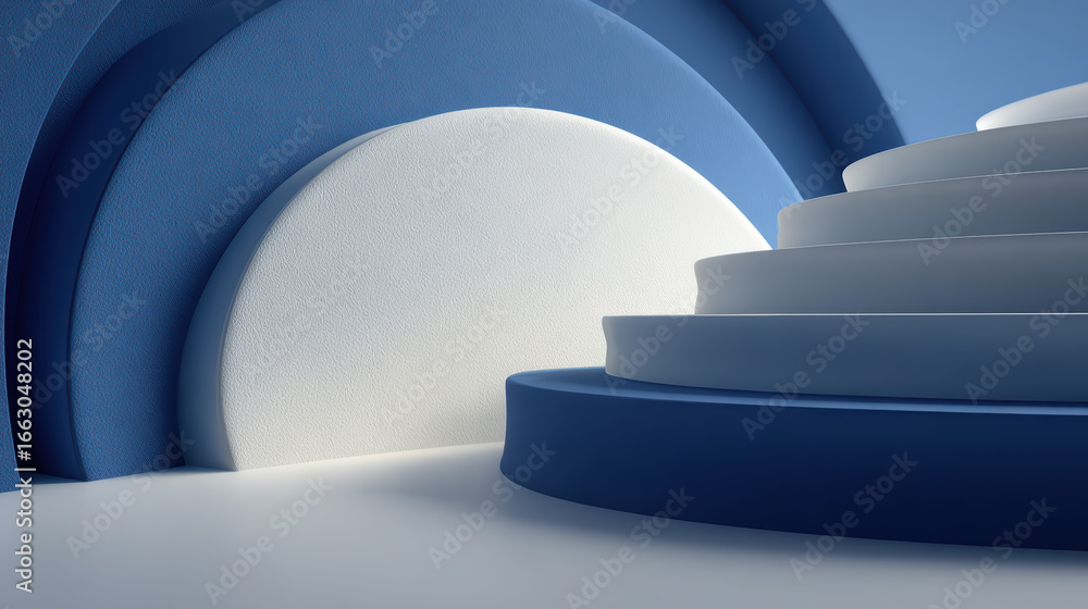 Poster abstract minimalist background with blue and white arches and circular steps, modern geometric desig