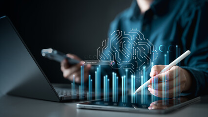 Artificial intelligence analytics technology. AI automation machine learning. Information data...