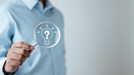 Searching idea magnifying concept. Magnifying glass research. Light bulb magnifier ideas. Creative...