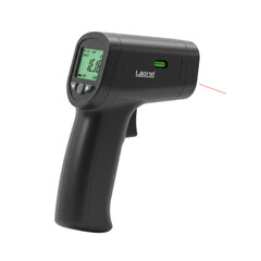 A sleek black infrared thermometer gun with a grey ergonomic grip, LCD screen, and red laser, floating on a transparent background, showcasing precision and high-tech medical functionality