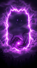 Mysterious purple energy portal glowing with lightning in a dark forest landscape under a night sky