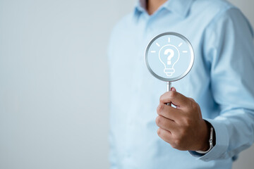 Searching idea magnifying concept. Magnifying glass research. Light bulb magnifier ideas. Creative...