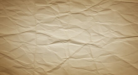 Close-up of crumpled, light brown paper revealing intricate folds, shadows, and texture.