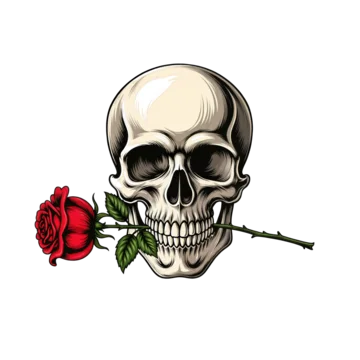 Gothic skull with red rose in mouth Halloween style on transparent background