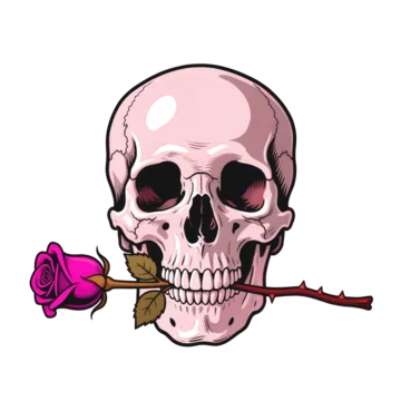 Vintage skull holding rose in mouth eerie aesthetic on transparent background